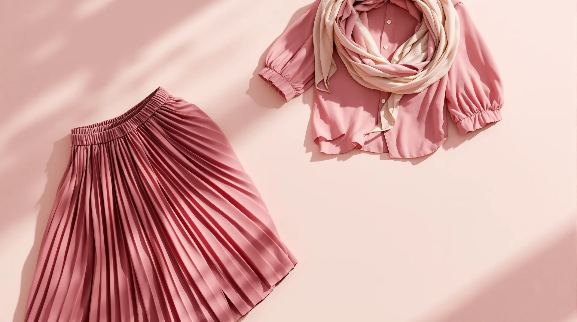 Jupe plissée framboise, blouse plissée rose poudré et foulard plissé